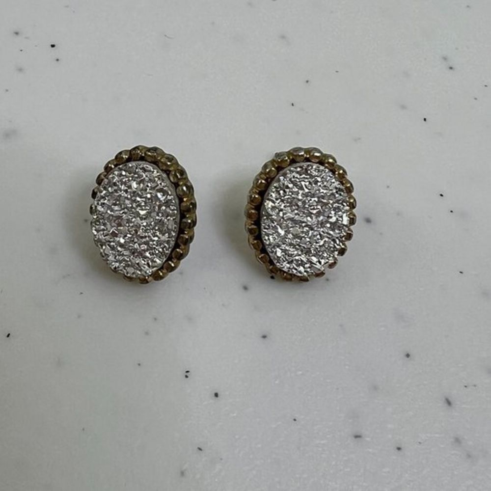 Sugarfix Stud Earrings Faux Druzy Stone Silver Gold Tone Textured Oval Stud Used
